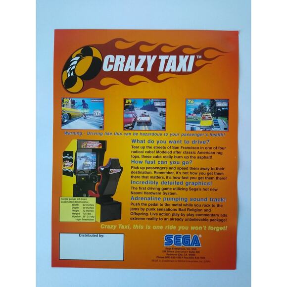 Crazy Taxi Arcade Flyer Original 1999 Video Game Art 8.5" x 11" Vintage Retro - Picture 2 of 4